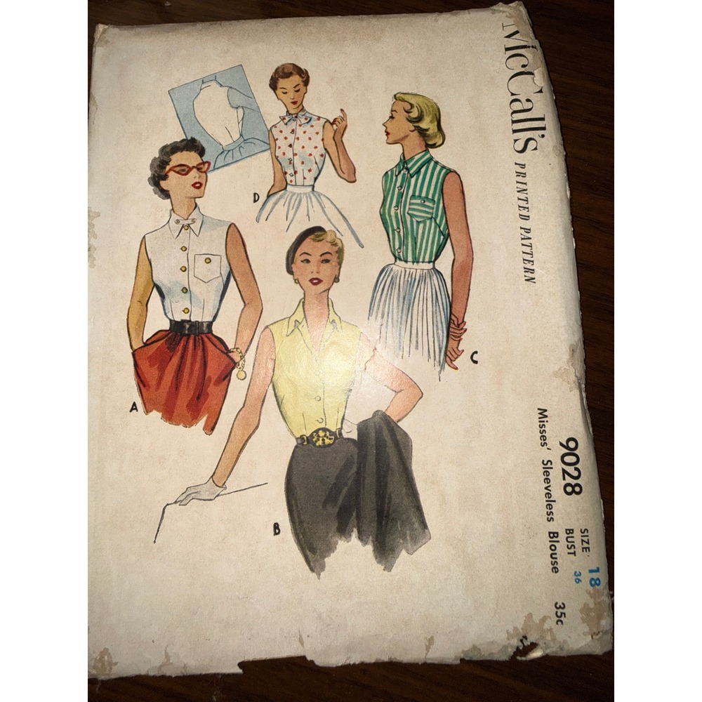 Vintage 1952 McCalls 9028 Sleeveless Blouse Sewing Pattern Size 18 Bust‎ 36 50s